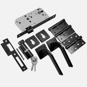 Premium Aluminium Door Lock Set – Complete Door Handle Kit with Lock Body, Cylinder, Hinges, Escutcheon, Striker Plate, Keys – Secure & Stylish for Home and Office Doors (Matt Black)